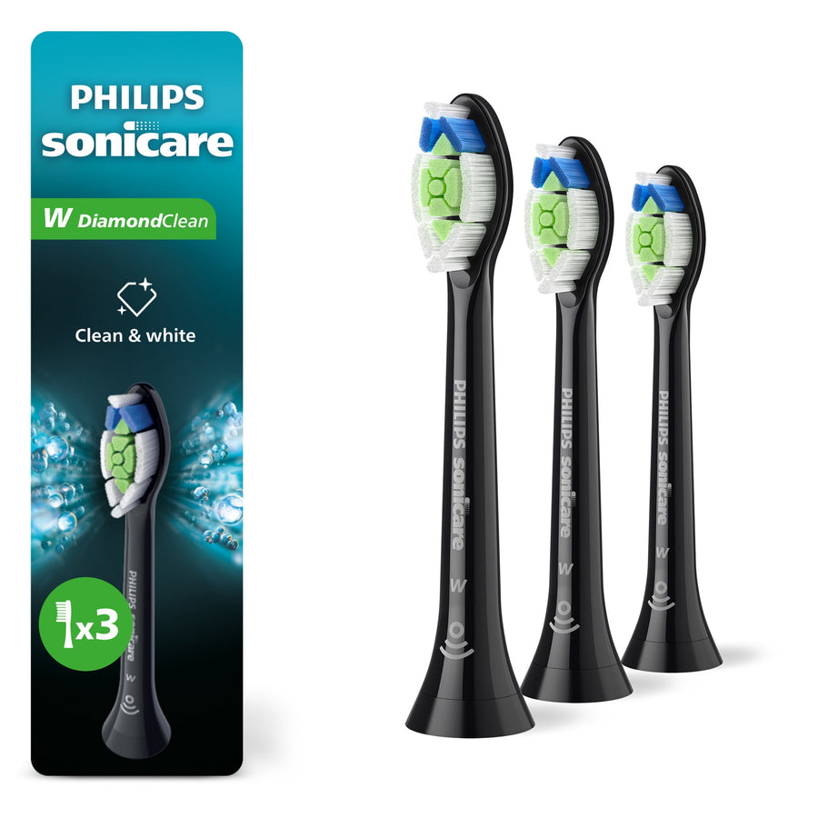 Three black Philips Sonicare W DiamondClean replacement brush heads shown next to branded product packaging.