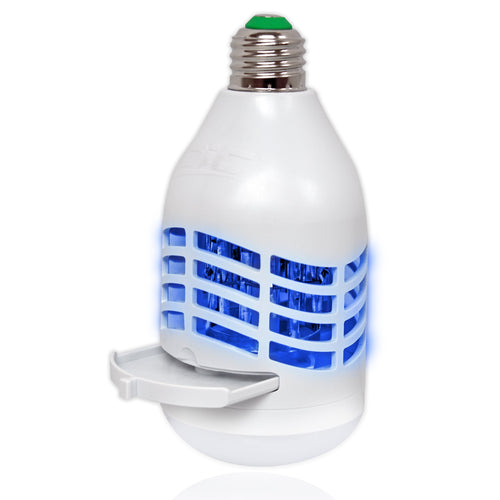 White PIC electric insect-killer bulb with blue glowing UV grid and pull-out catch tray visible