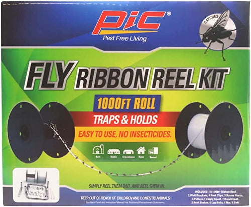 PIC Fly Ribbon Reel Kit retail box front with green/blue graphic, 1000ft roll callout and spool illustrations