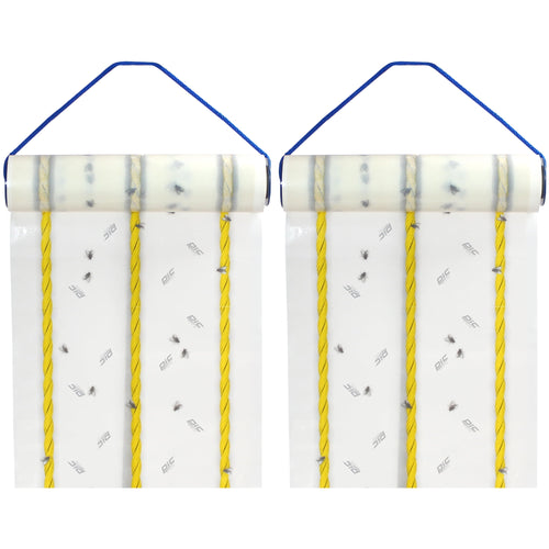 Two PIC fly-ribbon rolls with blue hanging loops, clear adhesive sheets showing yellow guide lines and trapped flies.