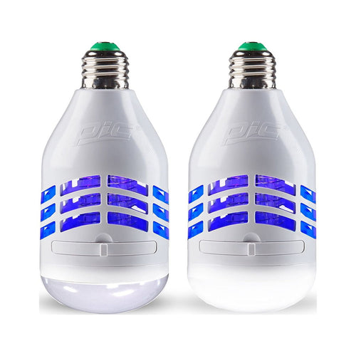 Two white PIC bulb-shaped electric insect killer lights with purple zapper grid and LED dome