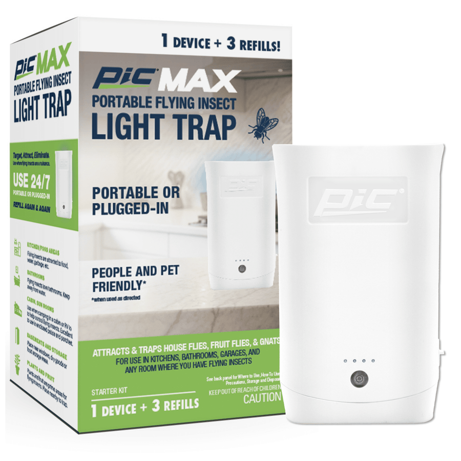 White PIC Max portable flying insect light trap device shown next to its retail box on a white background