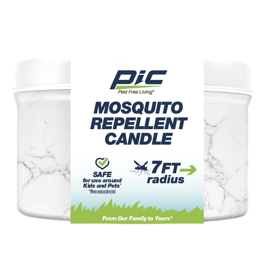 White marble-patterned tin candle with a PIC Mosquito Repellent Candle label showing 7 ft radius and safety claim