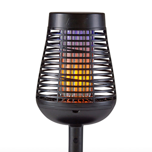 Black PIC solar insect-killer torch with LED flame effect shown on white background, close-up of grille and glowing inner light