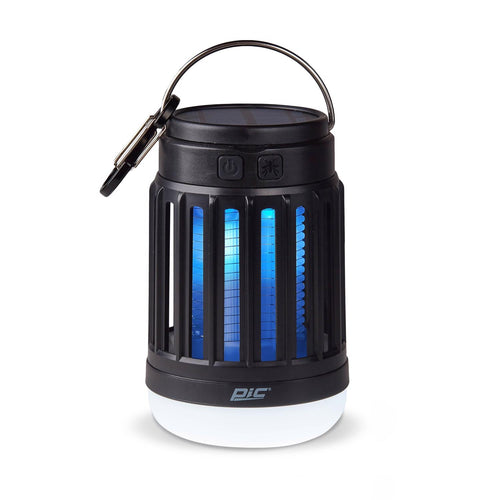 Black PIC solar mosquito zapper lantern with blue inner light and hanging clip on white background
