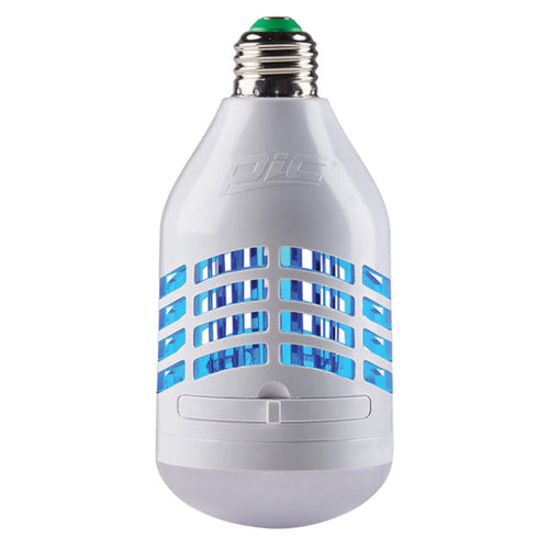 White PIC-brand insect zapper bulb with blue inner tube and screw base on white background