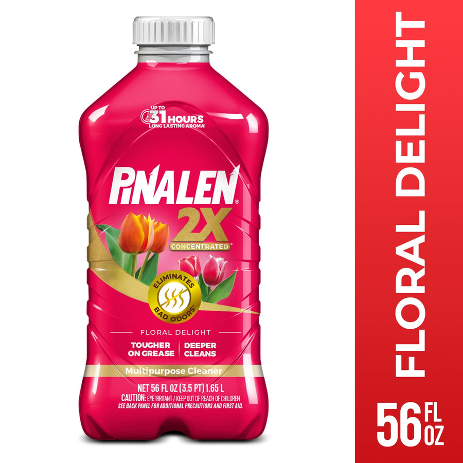 Bright pink Pinalen 2X concentrated Floral Delight multipurpose cleaner bottle with tulip graphic and gold accent
