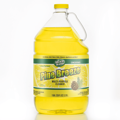 Clear one-gallon jug of yellow Pine Breeze multi-purpose cleaner with a yellow cap and labeled front panel