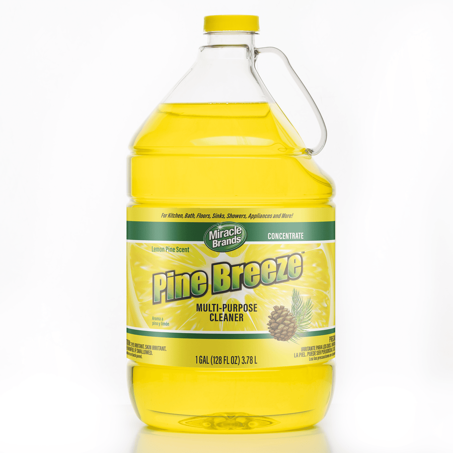 Clear one-gallon jug of yellow Pine Breeze multi-purpose cleaner with a yellow cap and labeled front panel