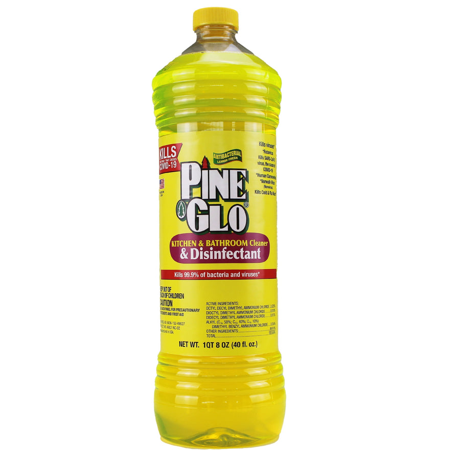 Tall yellow bottle of Pine Glo kitchen and bathroom cleaner with lemon label and yellow cap on white background