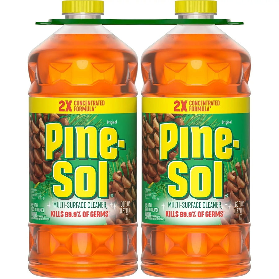 Two Pine-Sol 2X concentrated pine multi-surface cleaner bottles side-by-side showing front labels
