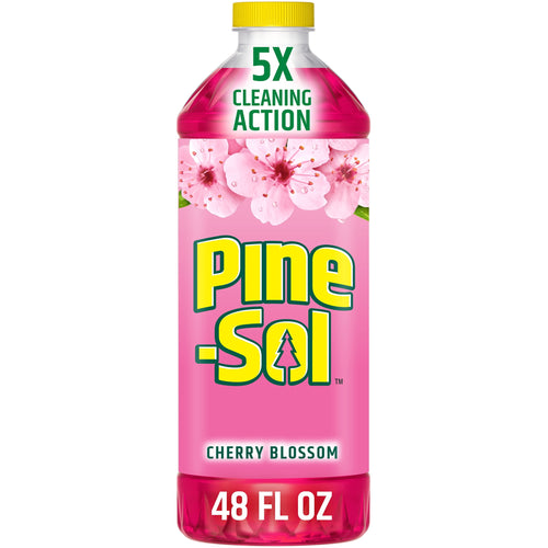Front view of a pink Pine-Sol Cherry Blossom bottle with yellow cap and large logo