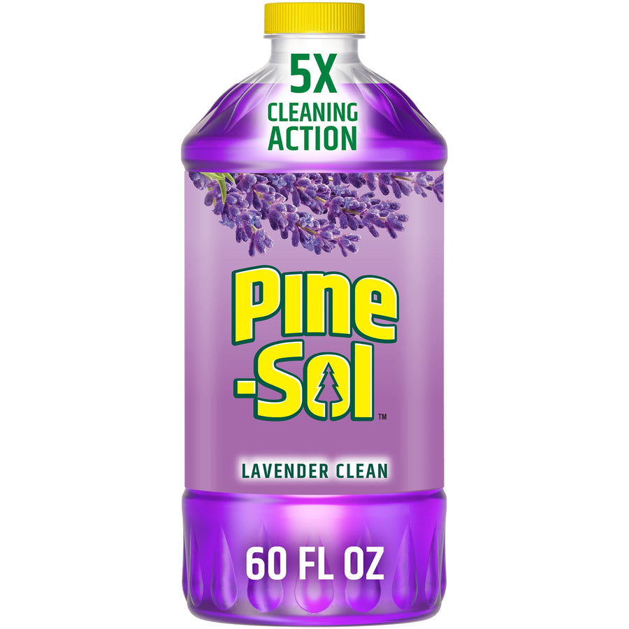 Close-up of a purple Pine-Sol lavender clean bottle with yellow cap and 60 fl oz label