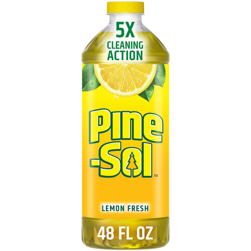Tall bottle of Pine-Sol Lemon Fresh multi-surface cleaner with lemon graphic and 48 FL OZ label
