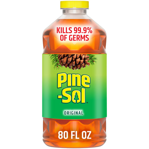 Clear plastic Pine‑Sol bottle with green label, pine cone artwork, yellow cap and “80 FL OZ” visible.