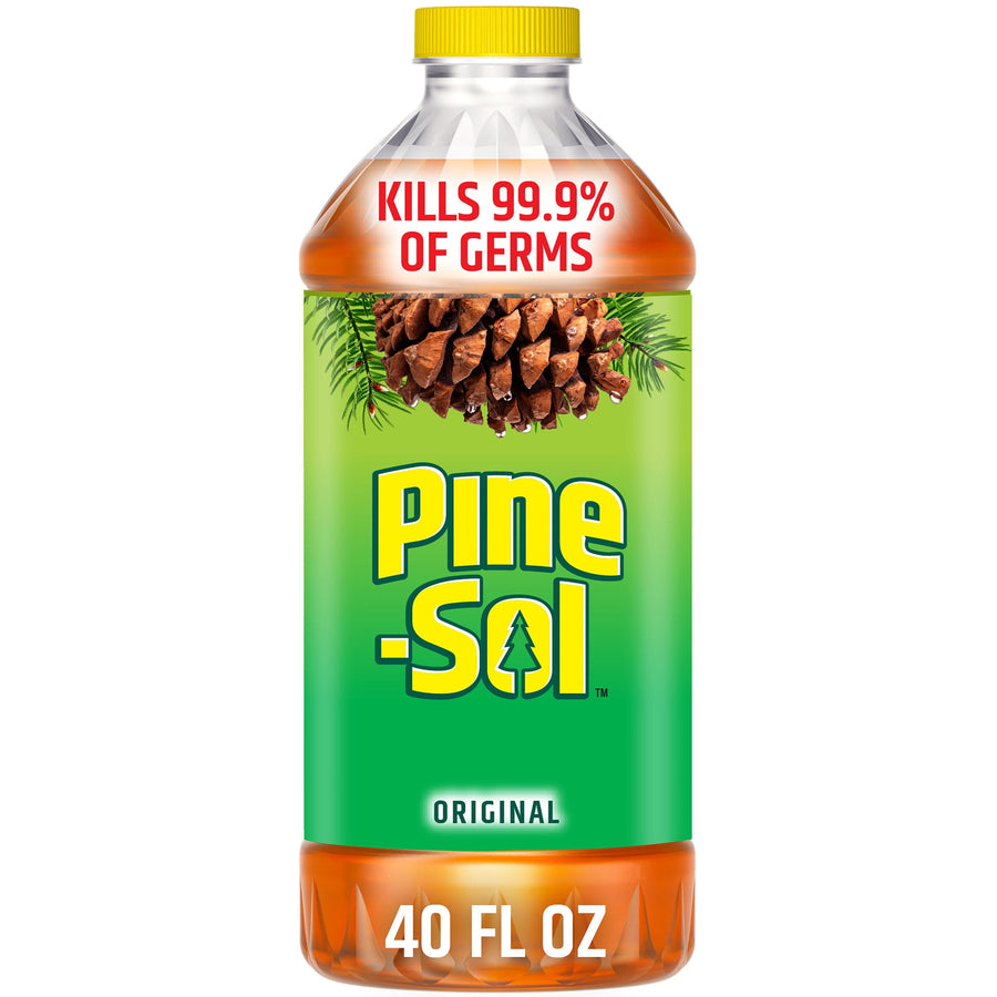Front-facing Pine-Sol bottle with green label, pinecone graphic and 40 fl oz callout