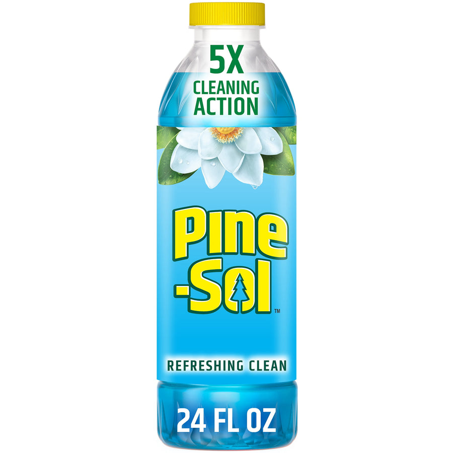 Tall Pine-Sol Refreshing Clean bottle with blue label, yellow cap and '24 FL OZ' volume printed at base
