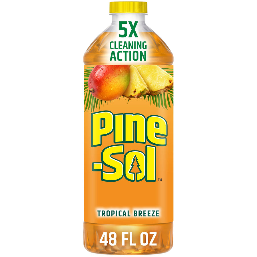 Front view of a Pine-Sol Tropical Breeze bottle with bright orange label and fruit artwork, 48 fl oz text visible