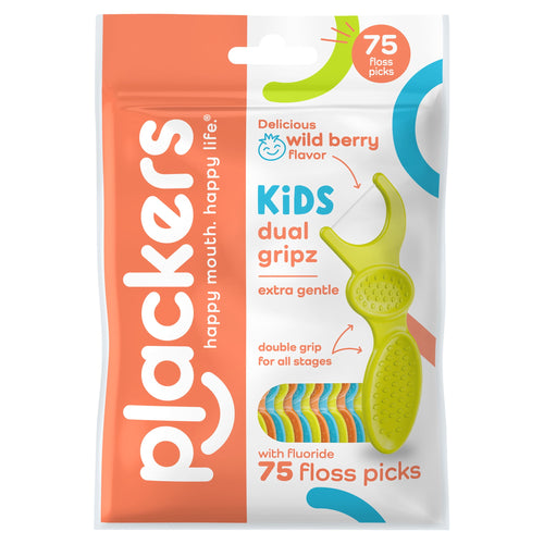 Front-pack shot of Plackers Kids Dual Gripz wild berry floss picks in branded resealable pouch