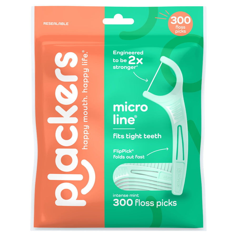 Resealable Plackers bag showing teal mint floss pick illustration and bold brand name on orange panel