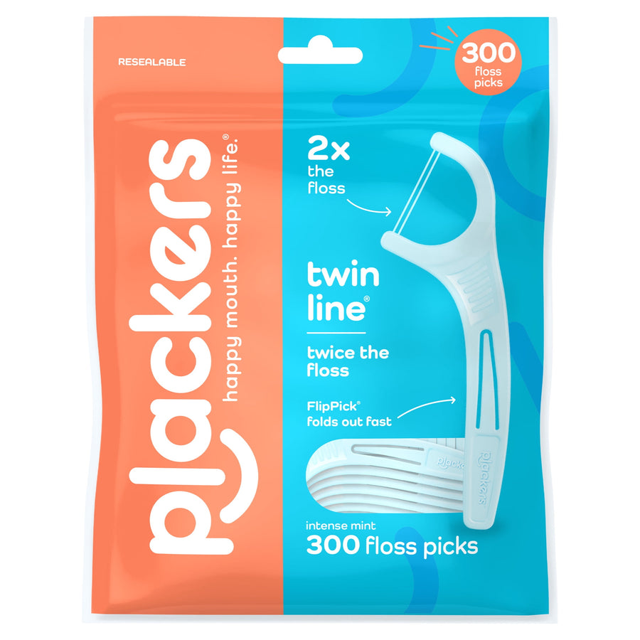 Resealable Plackers branded pouch showing a blue twin-line floss pick illustration and orange panel with logo