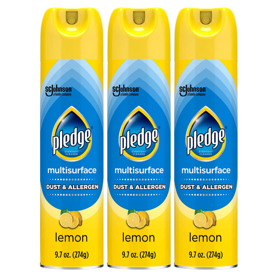 Three yellow-capped Pledge Clean It multisurface dust & allergen spray cans with lemon graphics on white background