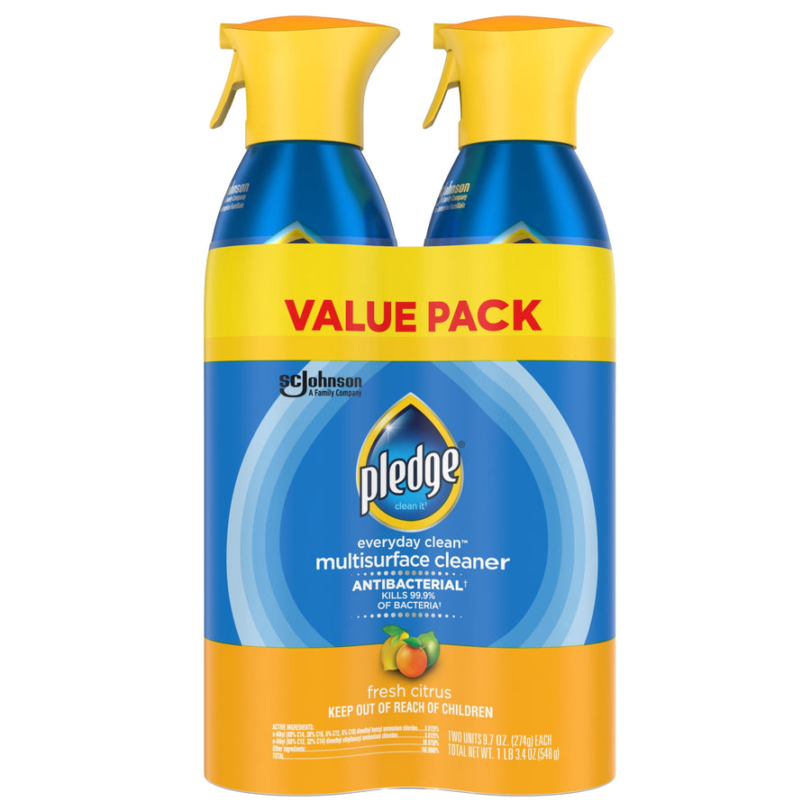 Two Pledge everyday clean multisurface spray bottles in a yellow 'VALUE PACK' wrap, fresh citrus label