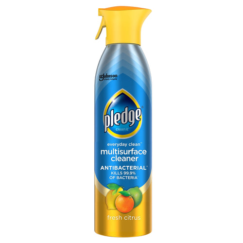 Pledge everyday clean multisurface antibacterial aerosol cleaner in fresh citrus scent with yellow spray top on white background.