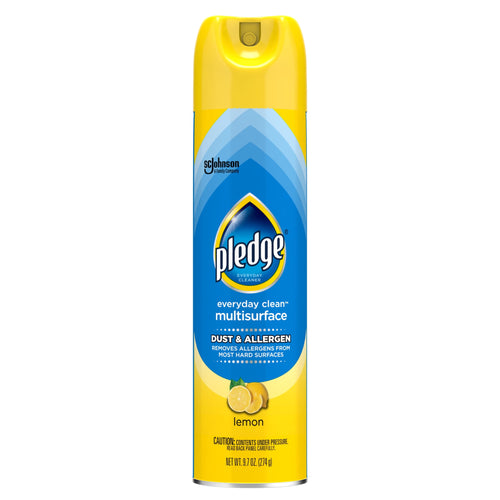 Studio product shot of a Pledge everyday clean multisurface aerosol can in yellow and blue with lemon imagery