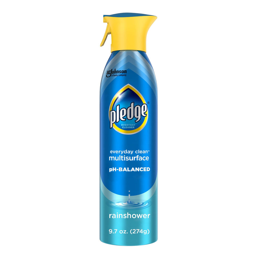 Tall blue Pledge multisurface spray bottle with yellow trigger, rainshower label and pH-balanced branding on a white background.