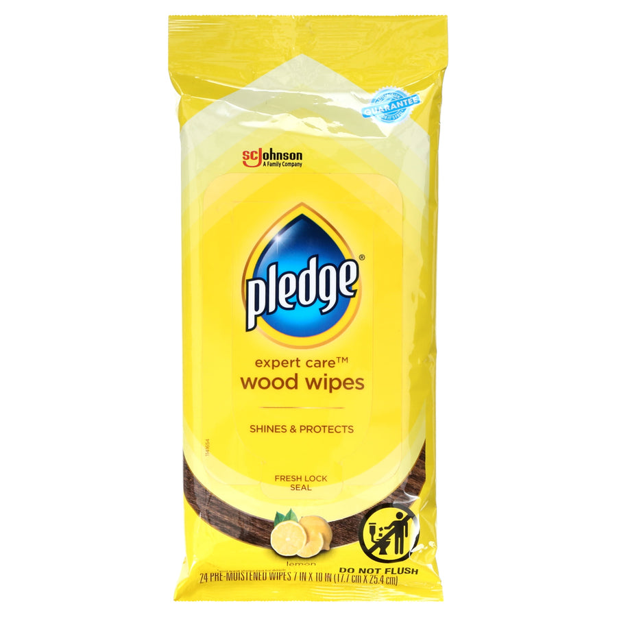Bright yellow Pledge Expert Care wood wipes lemon-scented resealable pouch with pledge logo and lemon graphic