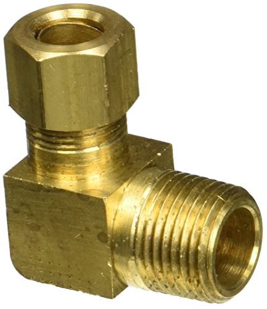Plews & Edelmann brass 90-degree elbow fitting with threaded male end and compression nut