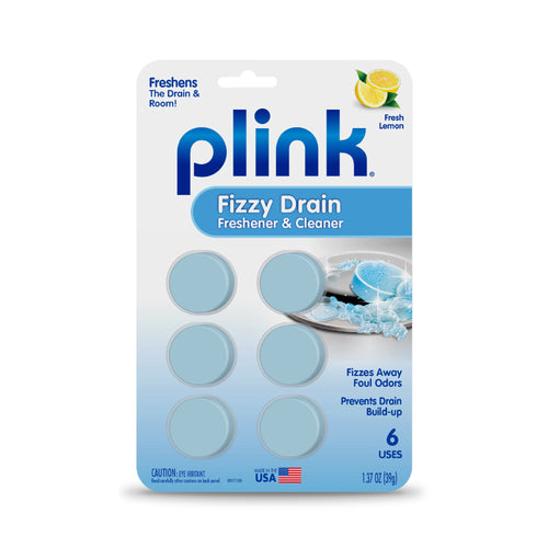 Plink Fizzy Drain Freshener & Cleaner retail blister card with six blue tablets and lemon graphic