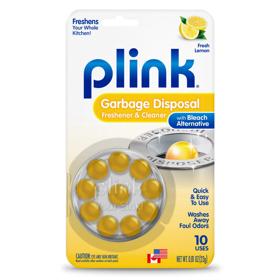 Plink branded retail blister pack showing lemon-scent garbage disposal cleaner tablets in circular tray and product name