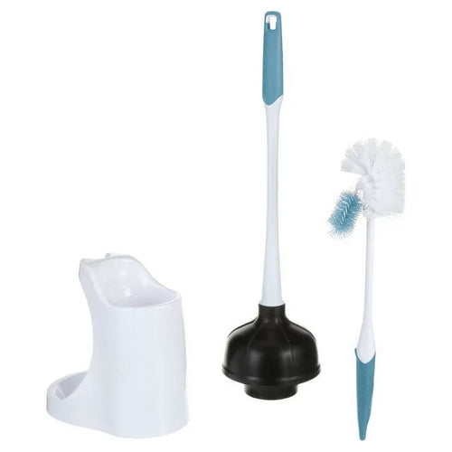 White plastic caddy holding a black-rubber plunger and a white toilet brush with teal bristles and handle accents