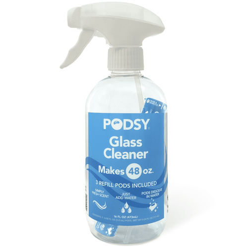 Clear spray bottle of Podsy Glass Cleaner with blue front label and visible refill pod inside