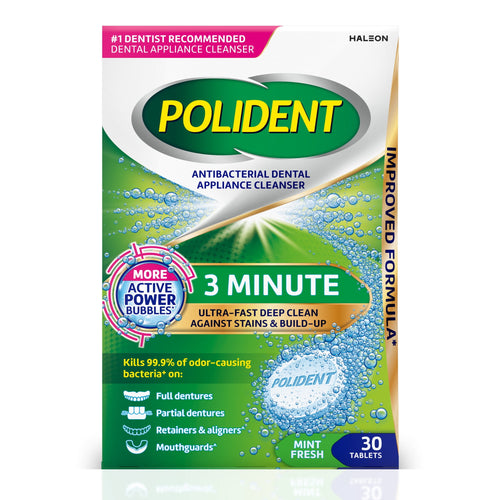 Front-facing Polident 3 Minute antibacterial dental appliance cleanser box with mint-fresh tablet and bubble graphics