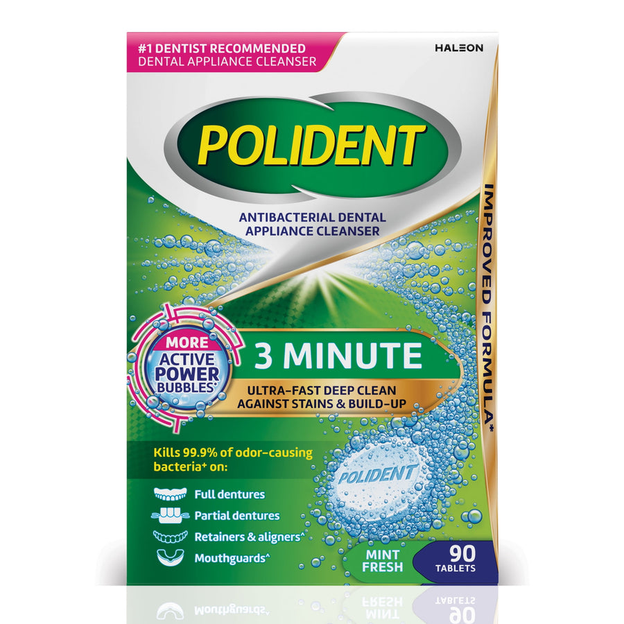 Polident 3 Minute antibacterial dental appliance cleanser retail box with bubbles and mint fresh label
