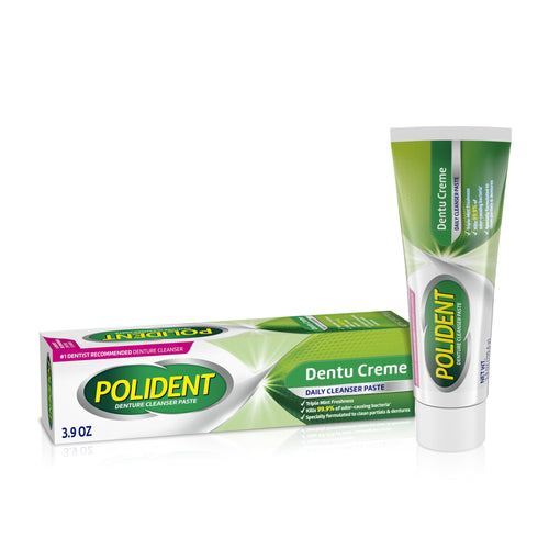 Tube and box of Polident denture cleanser paste with green branding on white background