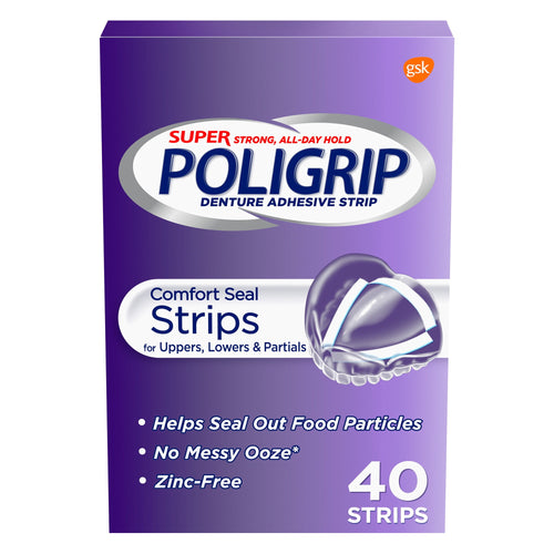 Front-facing product box of Poligrip Comfort Seal denture adhesive strips in purple packaging showing 40 strips callout