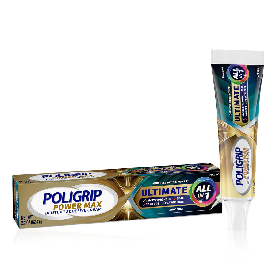 Poligrip Power Max tube and matching gold-blue product box on white background