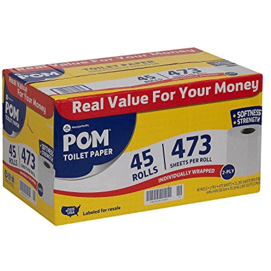 Cardboard carton of POM toilet paper showing brand logo and bold text '45 rolls' and '473 sheets per roll'