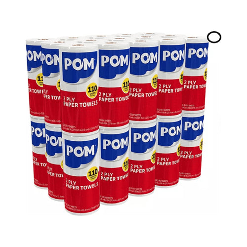Cluster of POM-branded individually wrapped paper towel rolls in red, white and blue packaging showing '2 ply' and '110 sheets' badges.