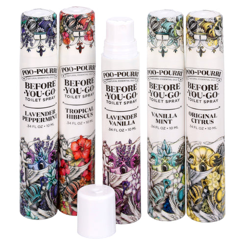 Five Poo-Pourri Before-You-Go toilet spray travel-size tubes in assorted floral designs arranged upright with one cap removed
