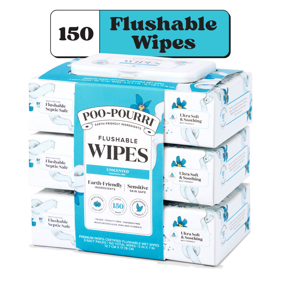 Stacked Poo-Pourri flushable wipes 150 count multi-pack with teal label and plastic pop-top dispenser