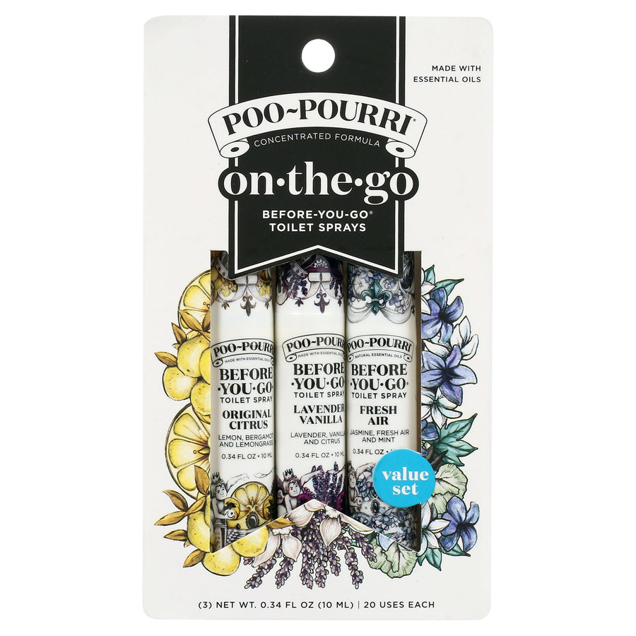 Poo-Pourri on-the-go travel pack three small spray bottles in decorative cardboard backing with floral artwork