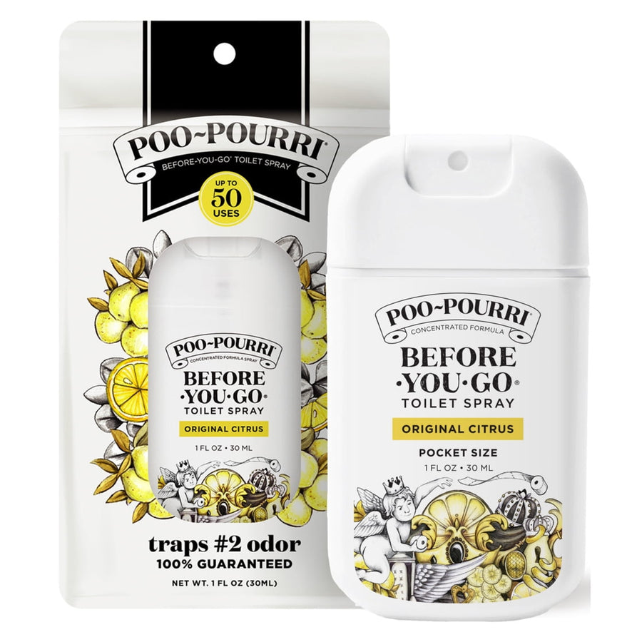 Poo-Pourri Original Citrus pocket-size white spray bottle and retail blister card with lemon artwork