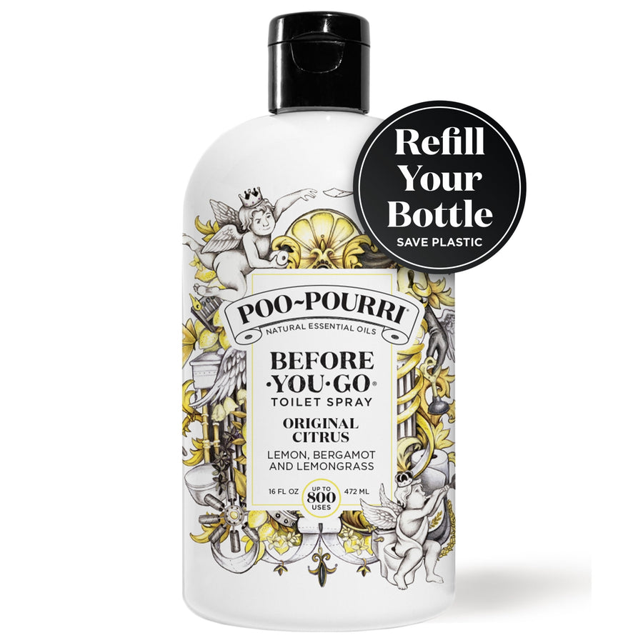 White Poo-Pourri refill bottle with ornate yellow label reading 'Before You Go' and black flip cap on white background.