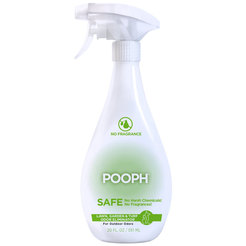 Studio product shot of a white Pooph spray bottle labeled no fragrance and safe lawn, garden and turf odor eliminator