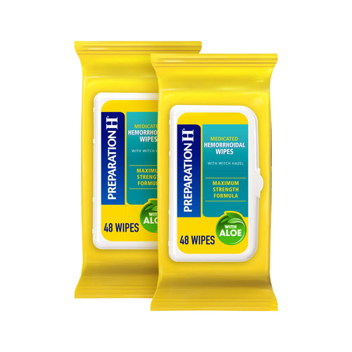 Two yellow Preparation H medicated hemorrhoidal wipes packs with white resealable lids and aloe callout